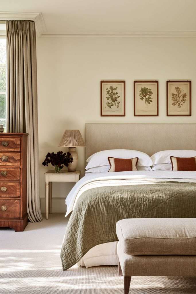 antique chest of drawers bedroom linen bed artwork