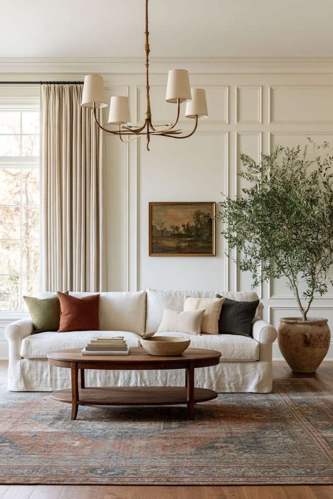 living room olive tree chandelier sofa vintage rug picture molding
