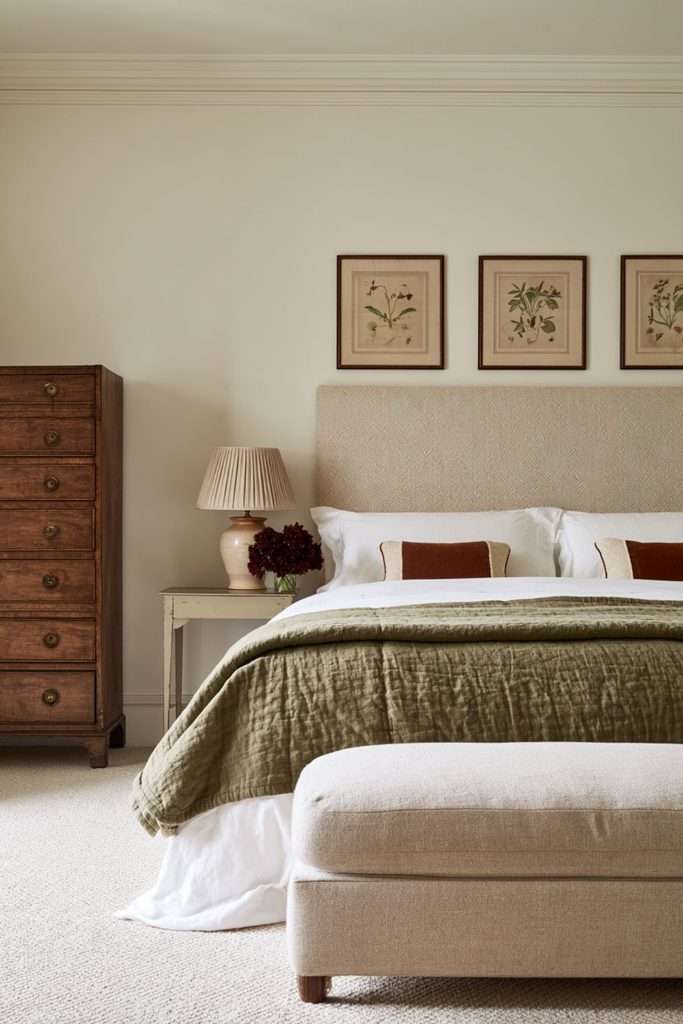 neutral bedroom artwork antique chest of drawers linen stool