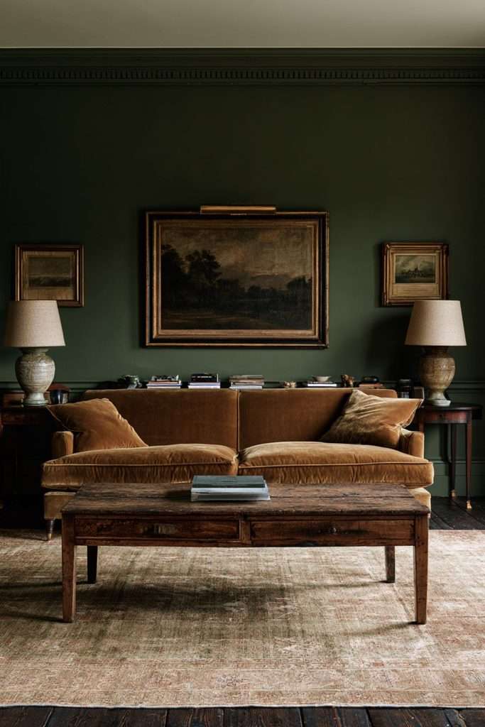 olive green walls ochre sofa oak coffee table art lamps