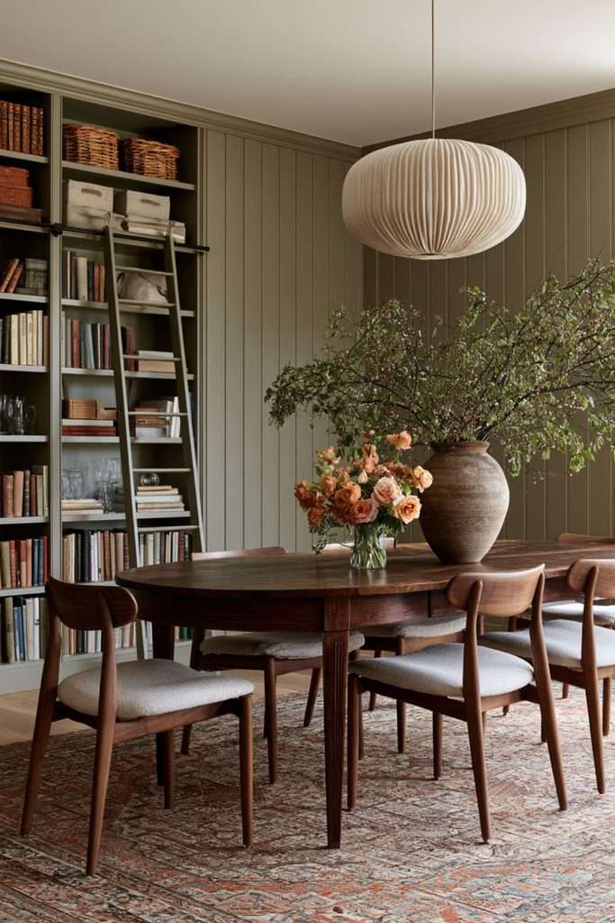 sage green dining room bookshelf light shade