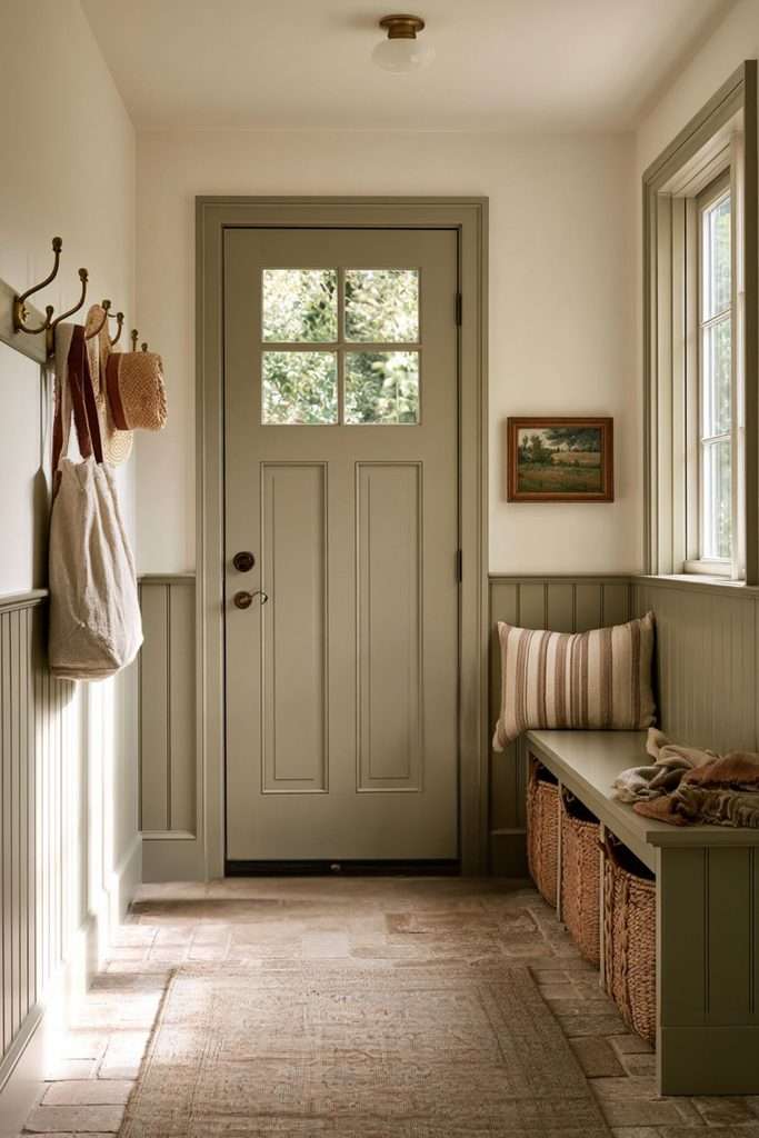 sage green hallway beadboard bench
