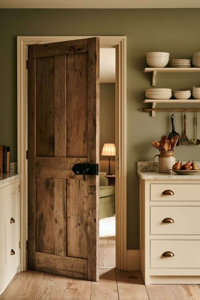 sage green kitchen cream cabinets old oak door shelf