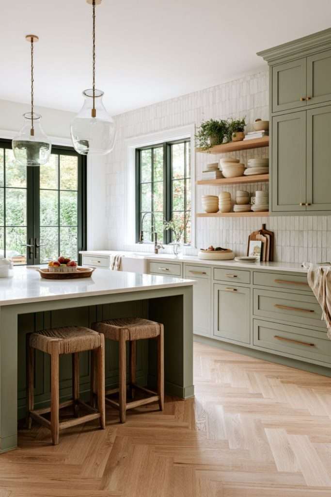 sage green kitchen herringbone flooring island tiles