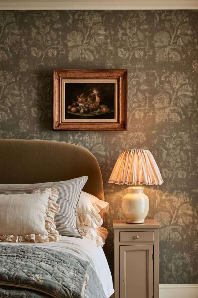 vintage bedroom wallpaper lamp artwork slim night stand