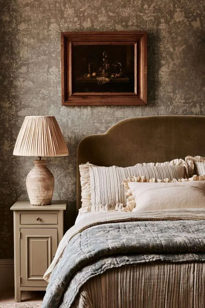 vintage bedroom wallpaper lamp bedding olive bed headboard